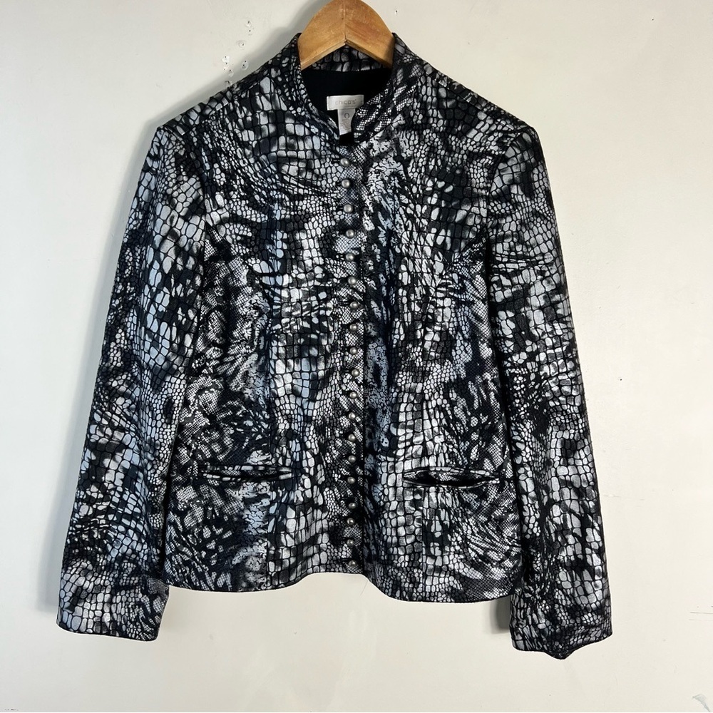 Chico's Jacket Womens Size Small Black Silver Snakeskin Snap Front Lined Career